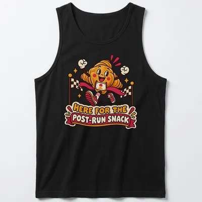 Kawaii cartoon croissant character running with the text about post-run snacks. — printed on a tank top