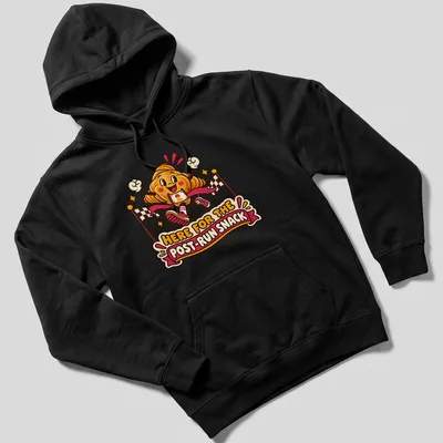 Kawaii cartoon croissant character running with the text about post-run snacks. — printed on a unisex hoodie