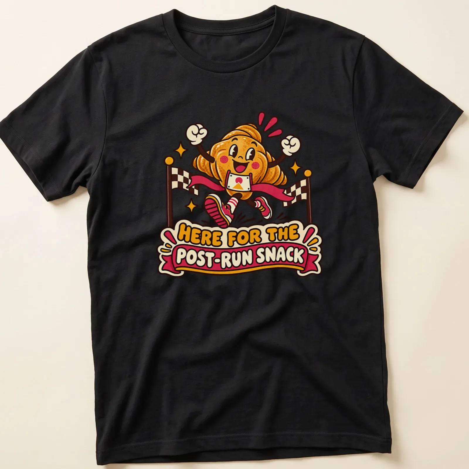 Kawaii cartoon croissant character running with the text about post-run snacks. — printed on a unisex t-shirt