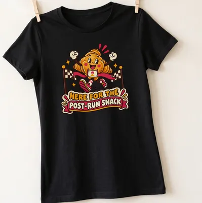 Kawaii cartoon croissant character running with the text about post-run snacks. — printed on a women's shirt