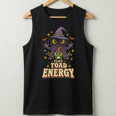 Cartoon frog witch with TINY TOAD ENERGY text in bright colors for Halloween — printed on a tank top