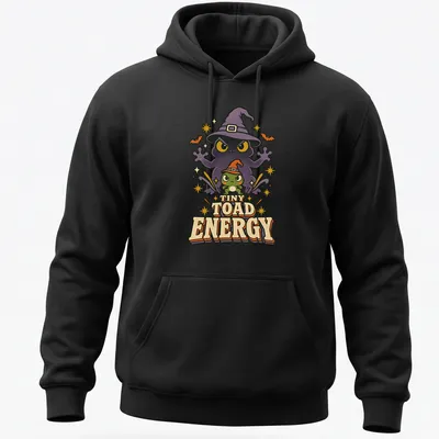 Cartoon frog witch with TINY TOAD ENERGY text in bright colors for Halloween — printed on a unisex hoodie
