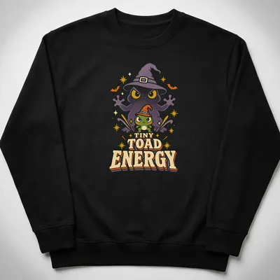 Cartoon frog witch with TINY TOAD ENERGY text in bright colors for Halloween — printed on a unisex sweatshirt