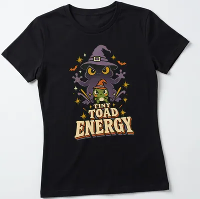 Cartoon frog witch with TINY TOAD ENERGY text in bright colors for Halloween — printed on a women's shirt