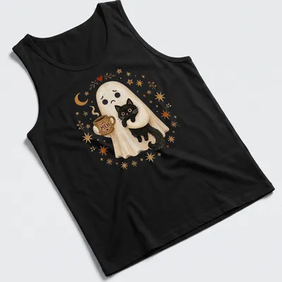 Cute illustration of a ghost holding a black cat with the text 'MEH' above in white, black, and orange — printed on a tank top