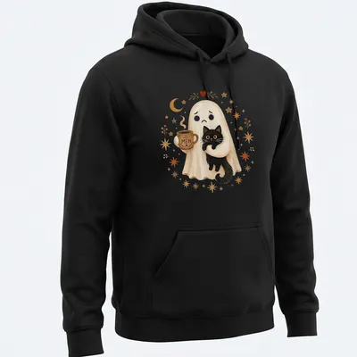 Cute illustration of a ghost holding a black cat with the text 'MEH' above in white, black, and orange — printed on a unisex hoodie