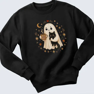 Cute illustration of a ghost holding a black cat with the text 'MEH' above in white, black, and orange — printed on a unisex sweatshirt