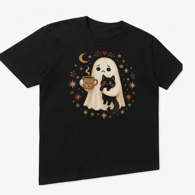 Cute illustration of a ghost holding a black cat with the text 'MEH' above in white, black, and orange — printed on a unisex t-shirt (angled view)