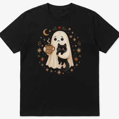Cute illustration of a ghost holding a black cat with the text 'MEH' above in white, black, and orange