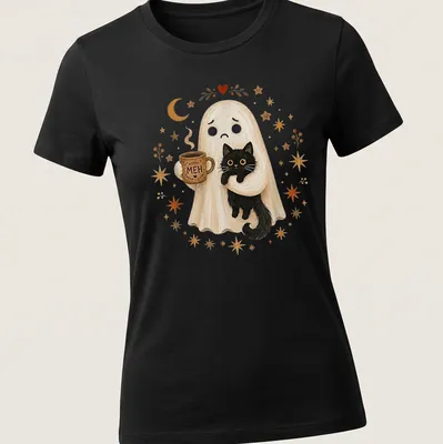 Cute illustration of a ghost holding a black cat with the text 'MEH' above in white, black, and orange — printed on a women's shirt