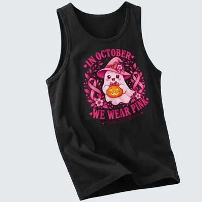 Kawaii-style ghost holding a pumpkin with text about breast cancer awareness in pink and orange — printed on a tank top