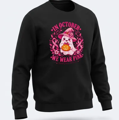 Kawaii-style ghost holding a pumpkin with text about breast cancer awareness in pink and orange — printed on a unisex sweatshirt