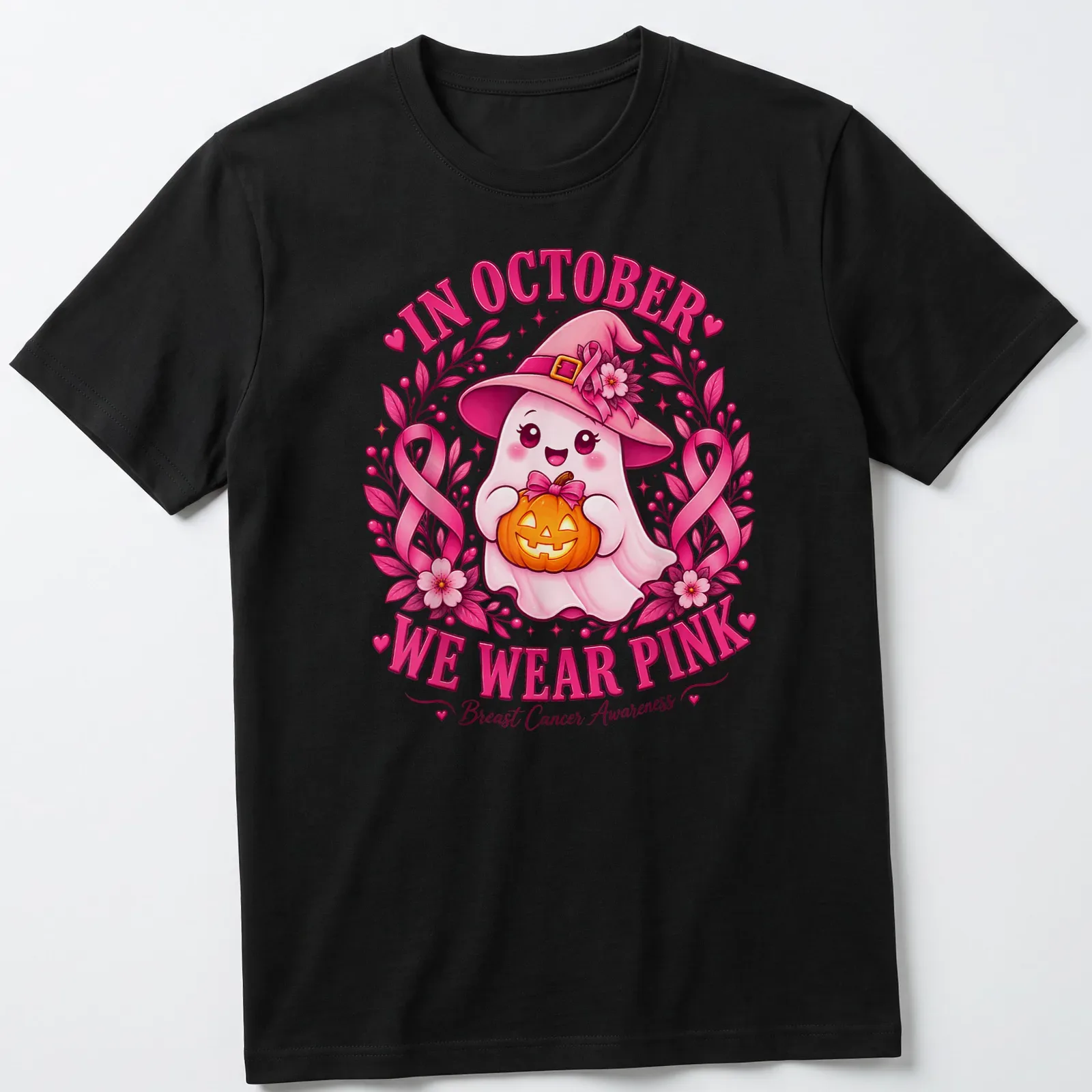 Kawaii-style ghost holding a pumpkin with text about breast cancer awareness in pink and orange — printed on a unisex t-shirt