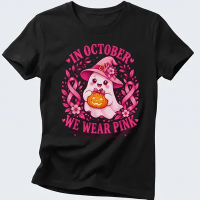 Kawaii-style ghost holding a pumpkin with text about breast cancer awareness in pink and orange — printed on a women's shirt