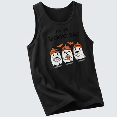 Kawaii t-shirt featuring cute ghosts and playful text for Halloween — printed on a tank top