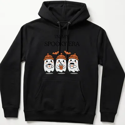 Kawaii t-shirt featuring cute ghosts and playful text for Halloween — printed on a unisex hoodie