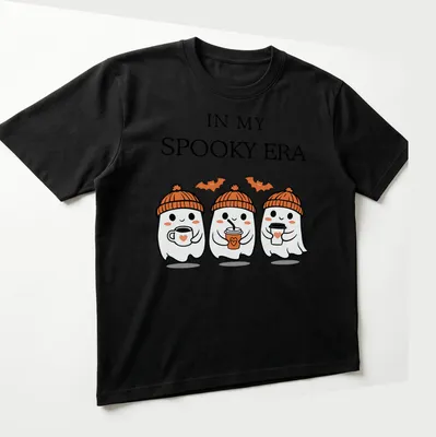 Kawaii t-shirt featuring cute ghosts and playful text for Halloween — printed on a unisex t-shirt (angled view)
