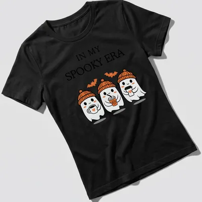 Kawaii t-shirt featuring cute ghosts and playful text for Halloween — printed on a women's shirt