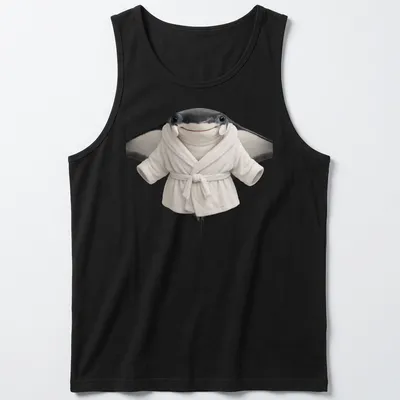 Realistic illustration of a manta ray wearing a white bathrobe in gray and black tones. — printed on a tank top