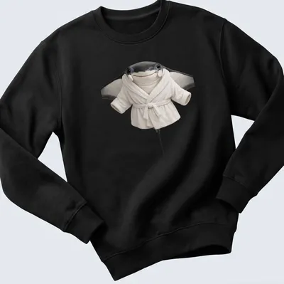 Realistic illustration of a manta ray wearing a white bathrobe in gray and black tones. — printed on a unisex sweatshirt