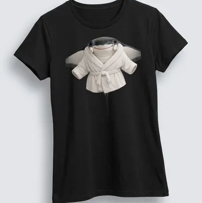 Realistic illustration of a manta ray wearing a white bathrobe in gray and black tones. — printed on a women's shirt