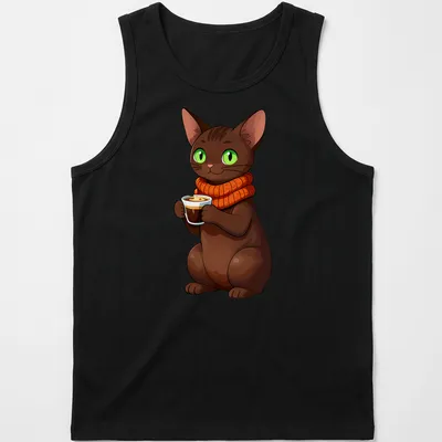 Kawaii Oriental Shorthair cat next to a cup of hazelnut espresso in various colors — printed on a tank top
