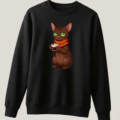 Kawaii Oriental Shorthair cat next to a cup of hazelnut espresso in various colors — printed on a unisex sweatshirt