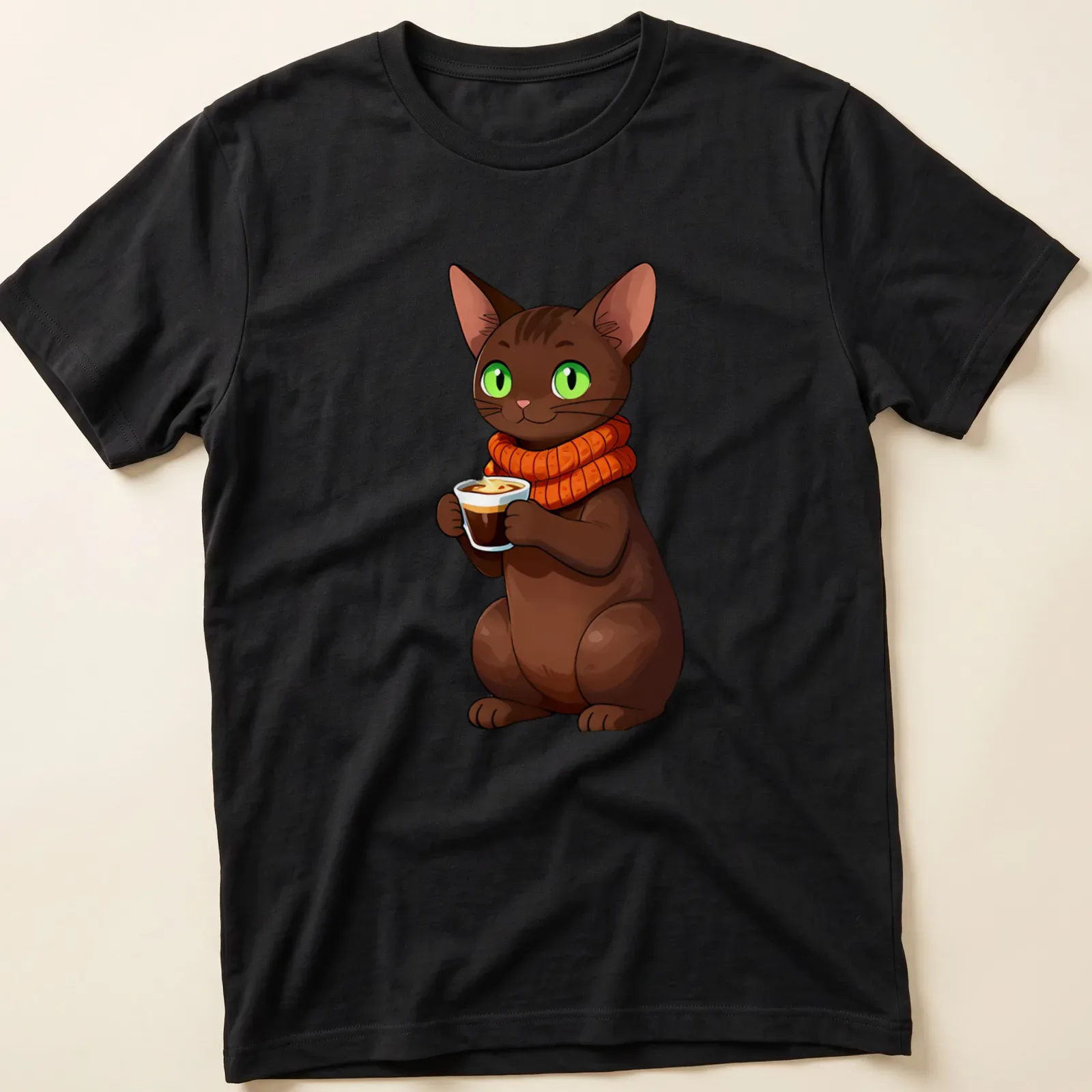 Kawaii Oriental Shorthair cat next to a cup of hazelnut espresso in various colors — printed on a unisex t-shirt