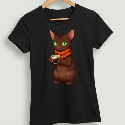 Kawaii Oriental Shorthair cat next to a cup of hazelnut espresso in various colors — printed on a women's shirt