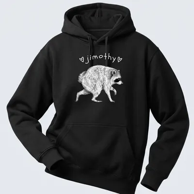 Line-art raccoon design with the name jimothy in black and white — printed on a unisex hoodie