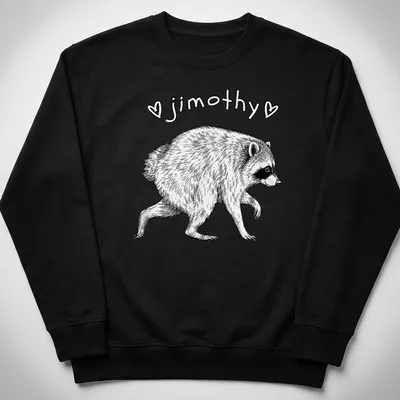 Line-art raccoon design with the name jimothy in black and white — printed on a unisex sweatshirt