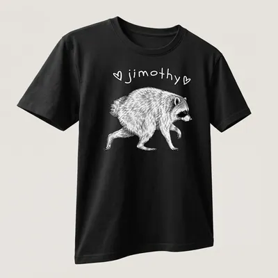 Line-art raccoon design with the name jimothy in black and white — printed on a unisex t-shirt (angled view)