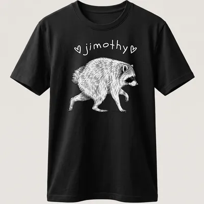 Line-art raccoon design with the name jimothy in black and white