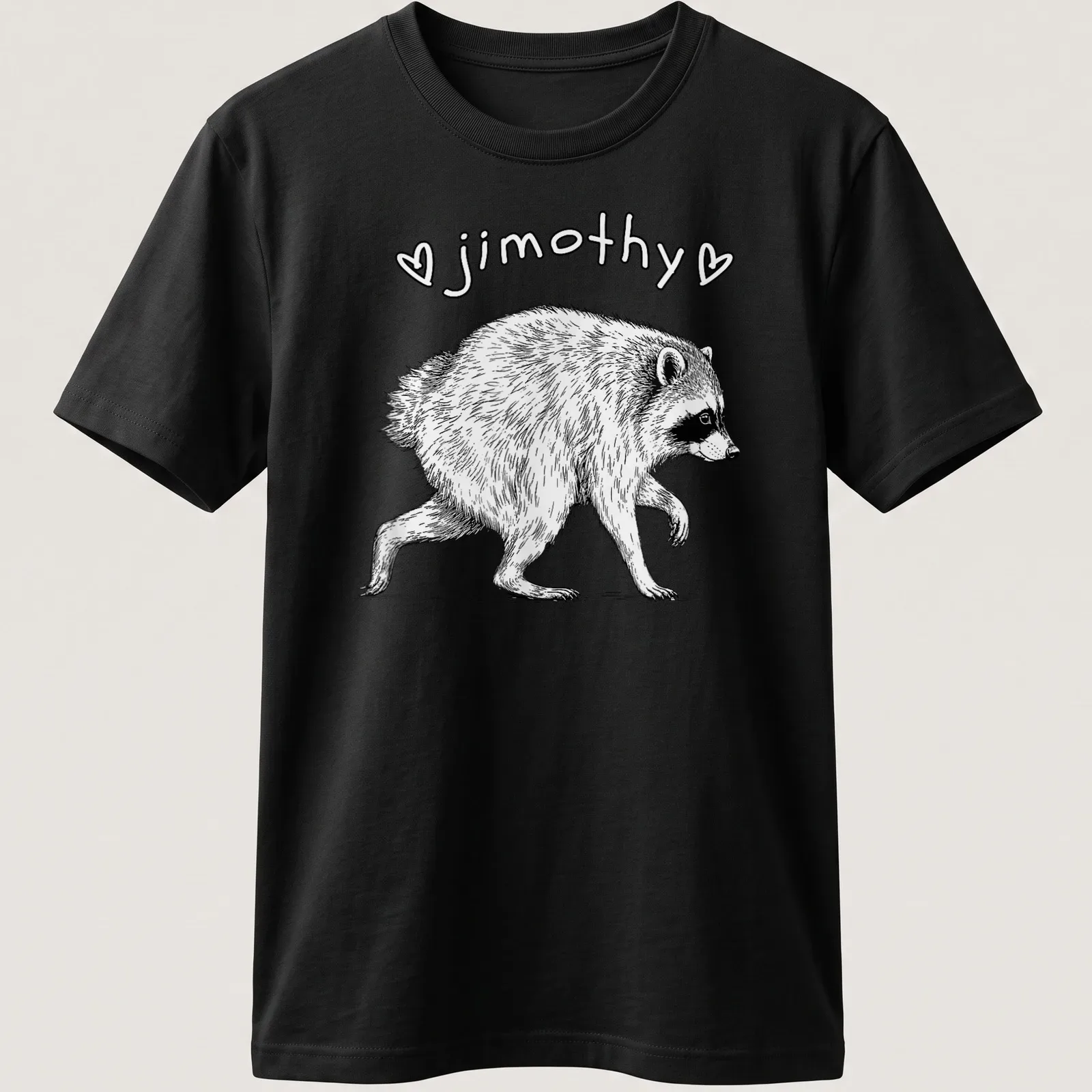 Line-art raccoon design with the name jimothy in black and white — printed on a unisex t-shirt