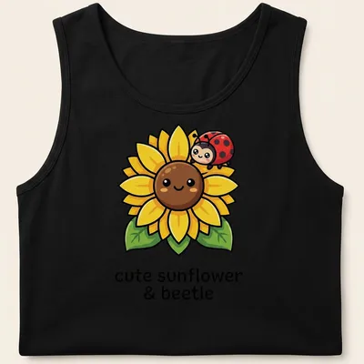Kawaii design of a cute sunflower with a ladybug, featuring playful text. — printed on a tank top