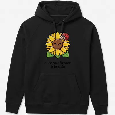 Kawaii design of a cute sunflower with a ladybug, featuring playful text. — printed on a unisex hoodie