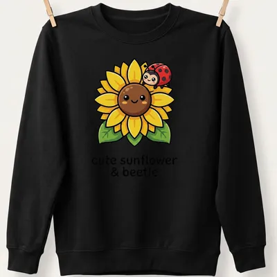 Kawaii design of a cute sunflower with a ladybug, featuring playful text. — printed on a unisex sweatshirt