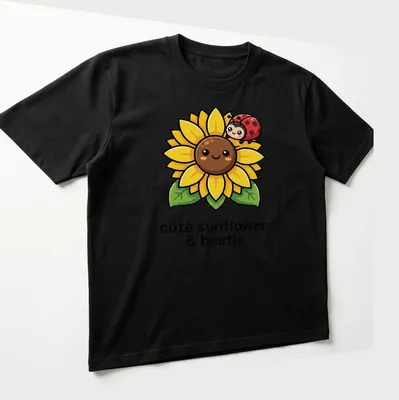 Kawaii design of a cute sunflower with a ladybug, featuring playful text. — printed on a unisex t-shirt (angled view)