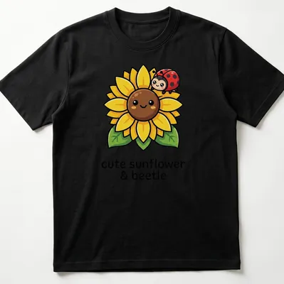 Kawaii design of a cute sunflower with a ladybug, featuring playful text.