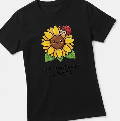 Kawaii design of a cute sunflower with a ladybug, featuring playful text. — printed on a women's shirt