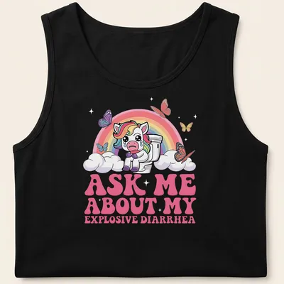 Kawaii unicorn on toilet with humorous text about explosive diarrhea — printed on a tank top
