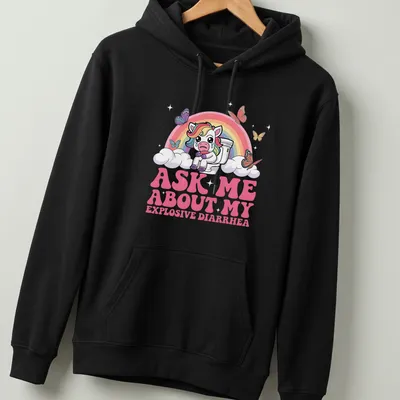 Kawaii unicorn on toilet with humorous text about explosive diarrhea — printed on a unisex hoodie