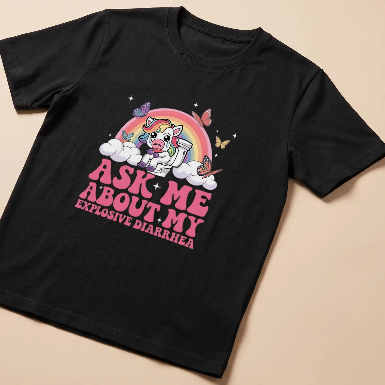 Kawaii unicorn on toilet with humorous text about explosive diarrhea — printed on a unisex t-shirt