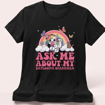 Kawaii unicorn on toilet with humorous text about explosive diarrhea — printed on a women's shirt