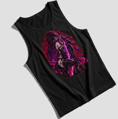 Anime-style Cyber Moon Assassin graphic with text Blade Embrace in bold colors — printed on a tank top