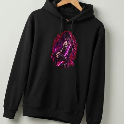 Anime-style Cyber Moon Assassin graphic with text Blade Embrace in bold colors — printed on a unisex hoodie