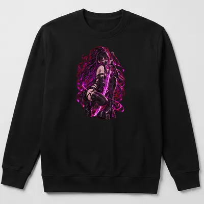 Anime-style Cyber Moon Assassin graphic with text Blade Embrace in bold colors — printed on a unisex sweatshirt