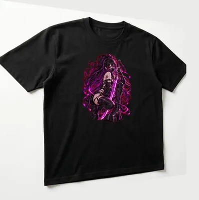 Anime-style Cyber Moon Assassin graphic with text Blade Embrace in bold colors — printed on a unisex t-shirt (angled view)