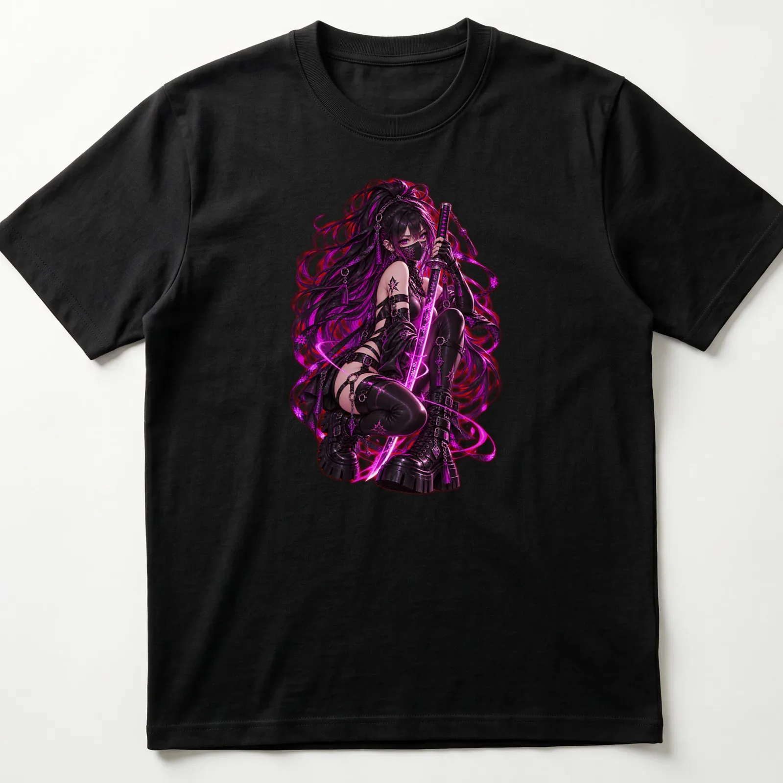 Anime-style Cyber Moon Assassin graphic with text Blade Embrace in bold colors — printed on a unisex t-shirt