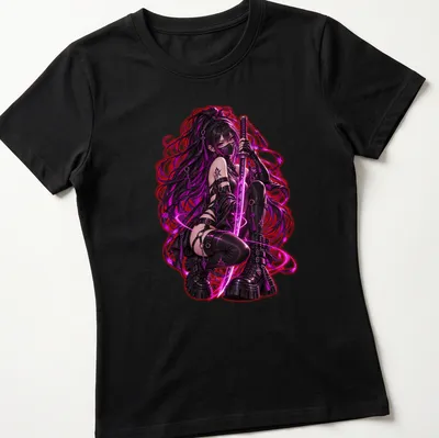 Anime-style Cyber Moon Assassin graphic with text Blade Embrace in bold colors — printed on a women's shirt